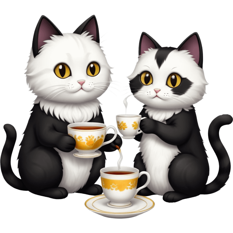 a black cat and a white and black cat that are enjoying a tea emoji