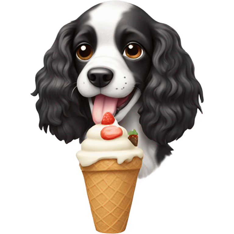 Black and white Spaniel eating an ice cream  emoji