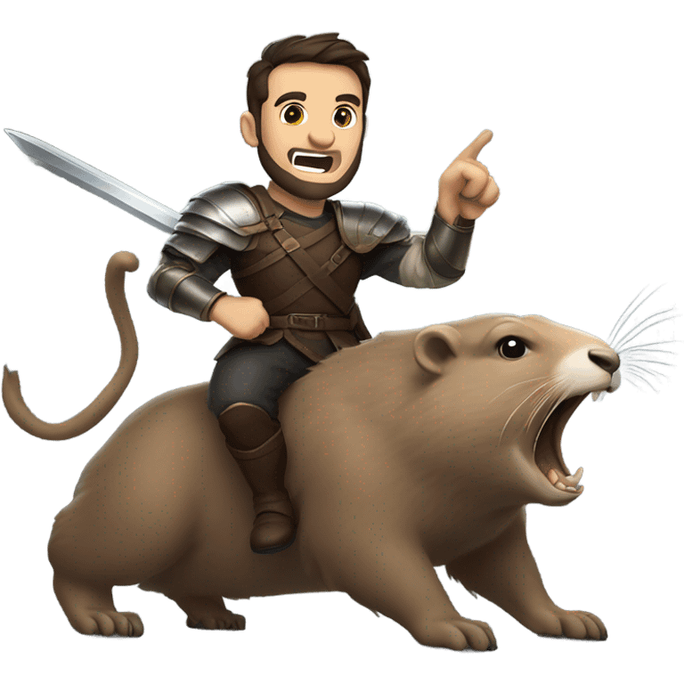 Confident armored White Man with dark brown hair and a short beard pointing forward with one arm holding a sword and yelling a battle charge while riding on the back of a giant groundhog emoji