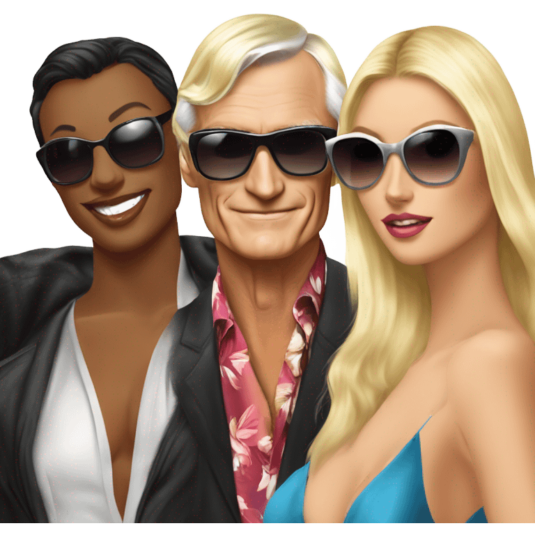 Young Hugh Hefner in sunglasses with 3 beautiful blonde girlfriends emoji