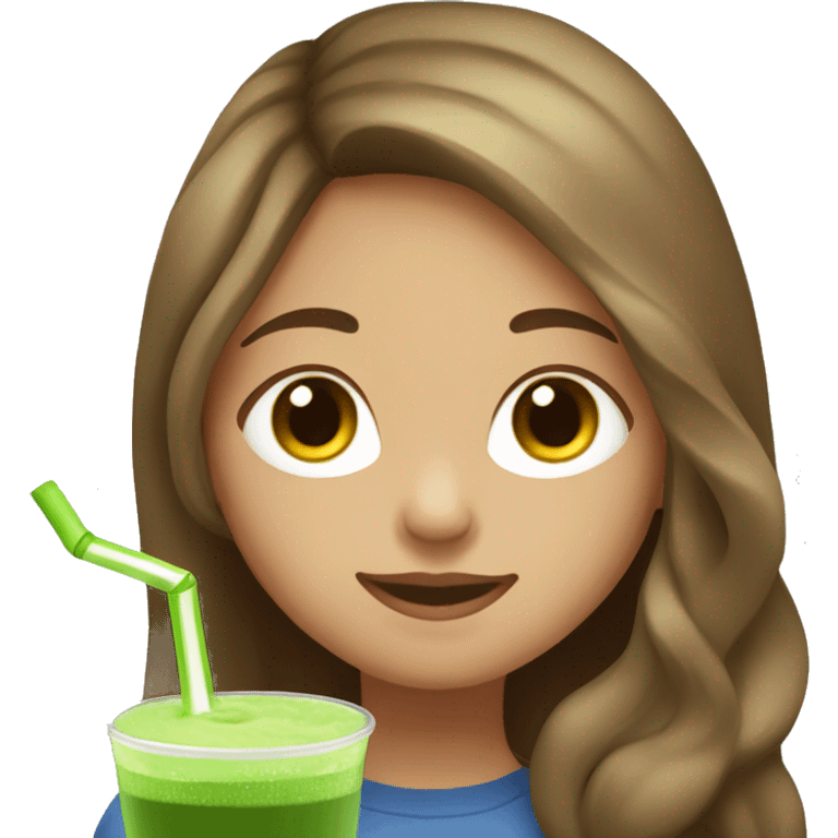 A light skinned girl with long brown hair that’s drinking matcha emoji