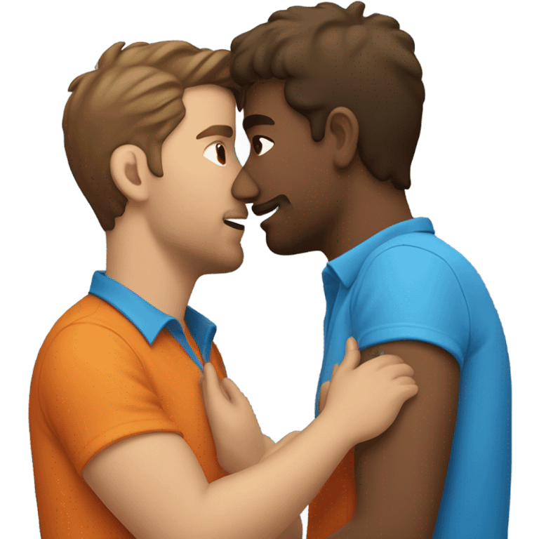 Two guys kissing, brown hair, one orange shirt, one blue shirt emoji