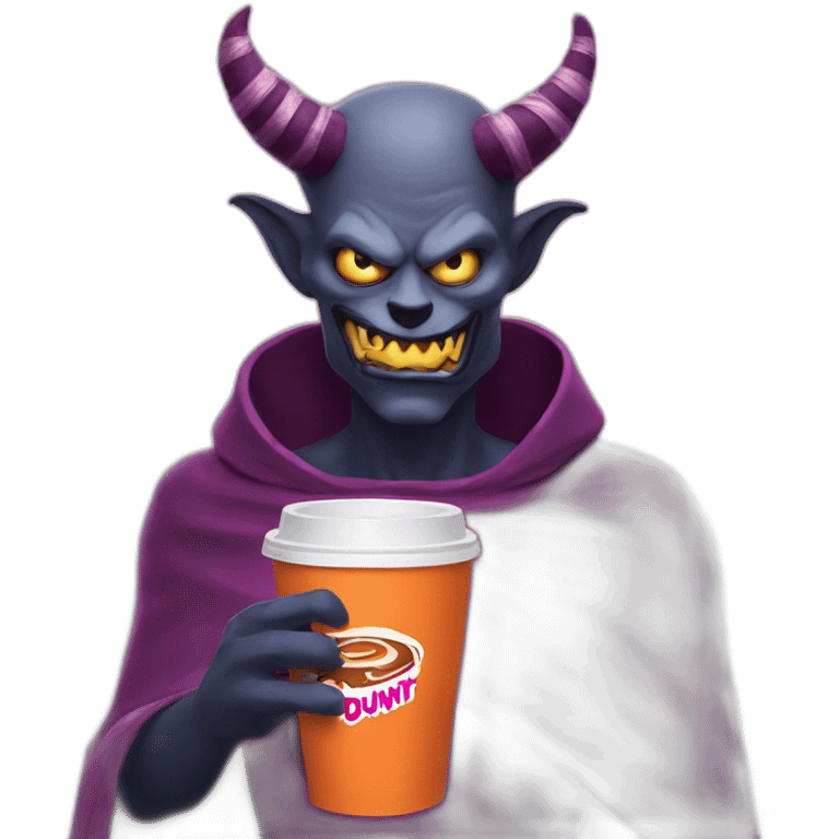 a demon holding a dunkin donuts coffee cup emoji