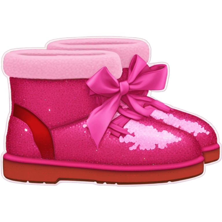 Realistic isolated of Red Ugg Fur Boots laced up with pink silk ribbon bows and hot pink and light pink sequin heart shaped patches sewn onto them. emoji