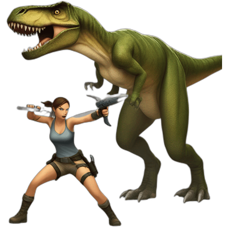 Lara Croft fighting a T-Rex emoji