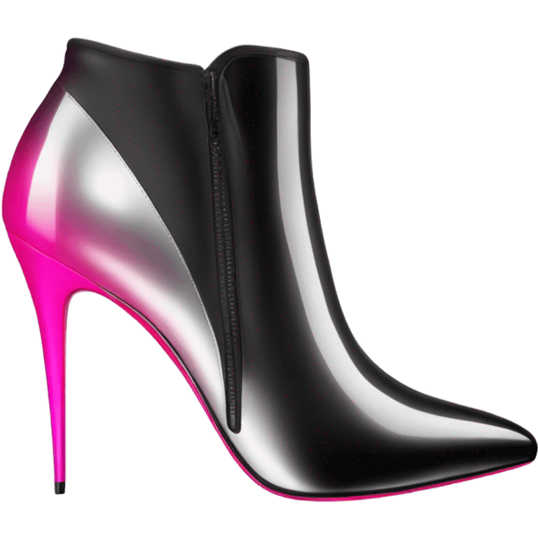 Realistic isolated front view of a pair of Louboutin Black,Silver,and Hot Pink Ombre stiletto high heel ankle bootie boots.  emoji