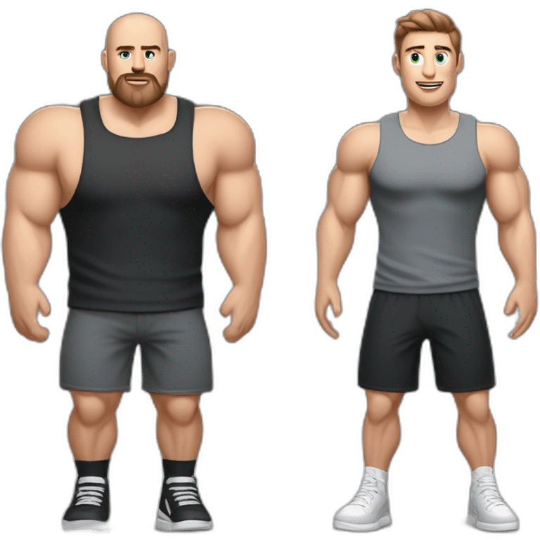 Full height realistic Actively gesturing with hands Pale skinned Fit Man With the biceps and brown hair in dark gray Sleeveless Mike, black oversize sports shorts, watch and white Sneakers emoji