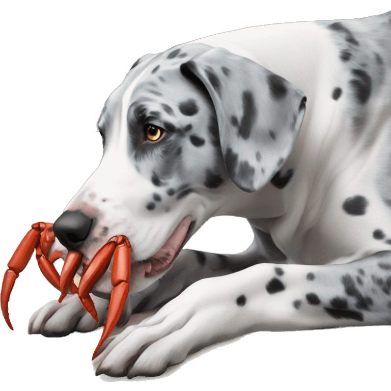 Blue Merle Great Dane eating red crab emoji