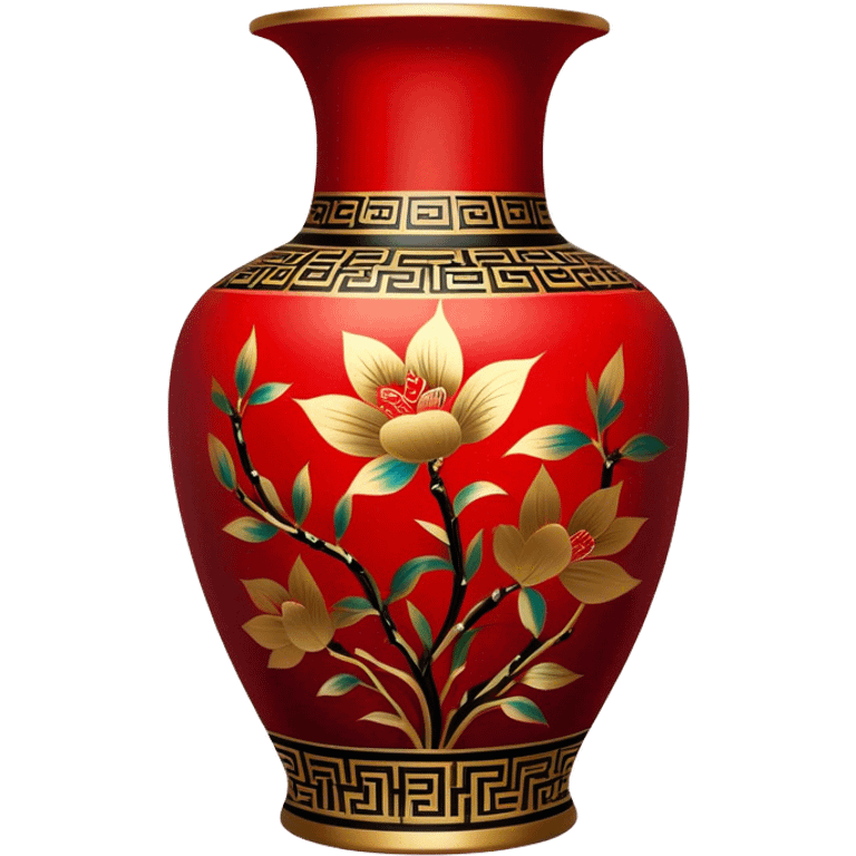 Chinese metal painting icon, intricate hand-painted Chinese patterns on metal vase, vibrant colors like red, gold, and black, delicate brushstrokes, visible fine paintbrush and metal surface, painting process, minimalistic style, clean lines, transparent background. emoji