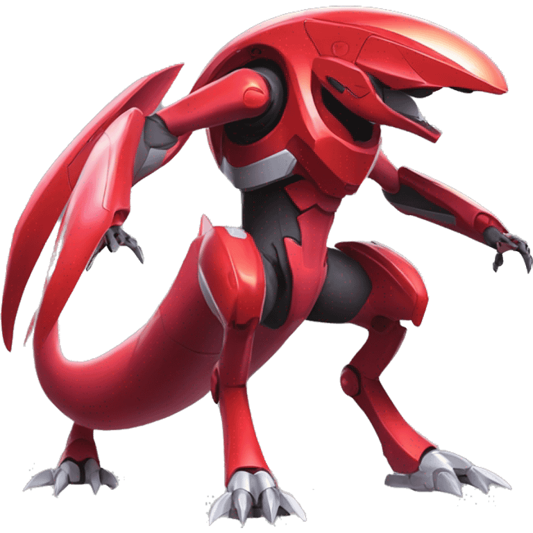 a shiny red Genesect-Raptor-Fakémon—hybrid with a futuristic visor-helmet full body emoji