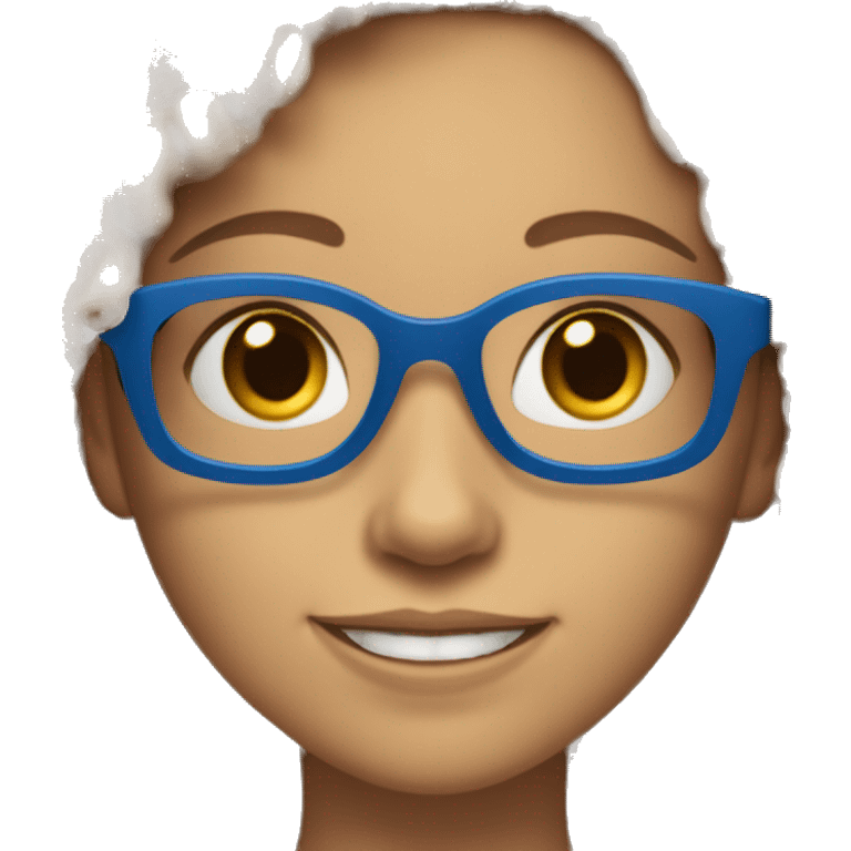 A fair-skinned girl, wearing blue plastic glasses, her hair is curly, she has a beautiful smile, and her left eyebrow is slit.  emoji