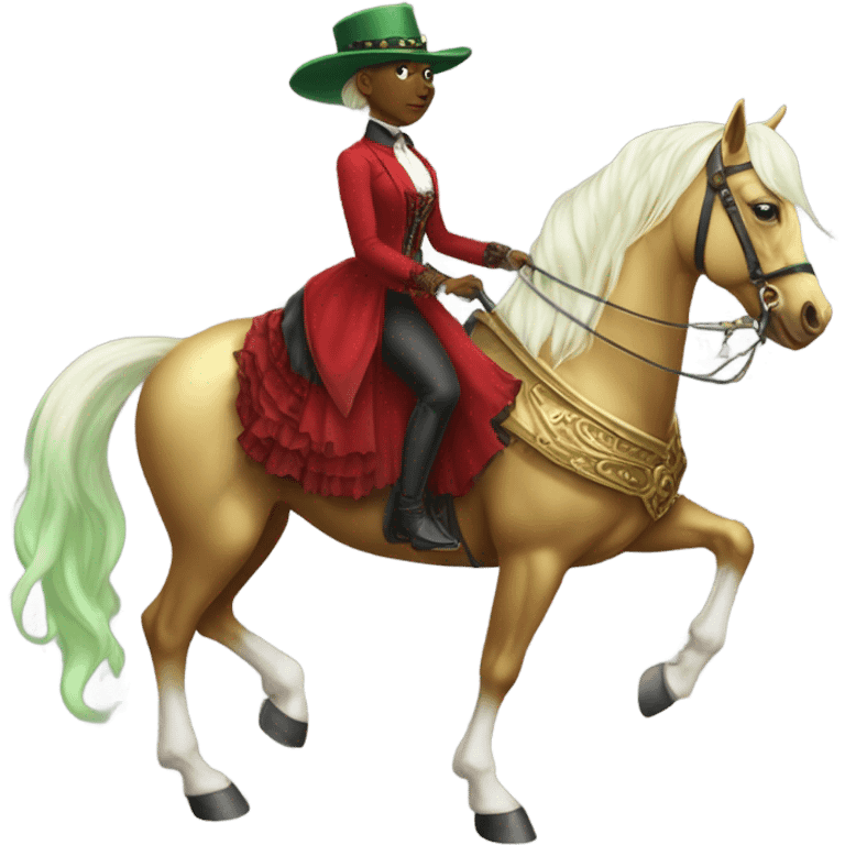 "galora green blonde alien woman" in victorian red, elegant dress, full body, rides golden and white "horse"
 emoji