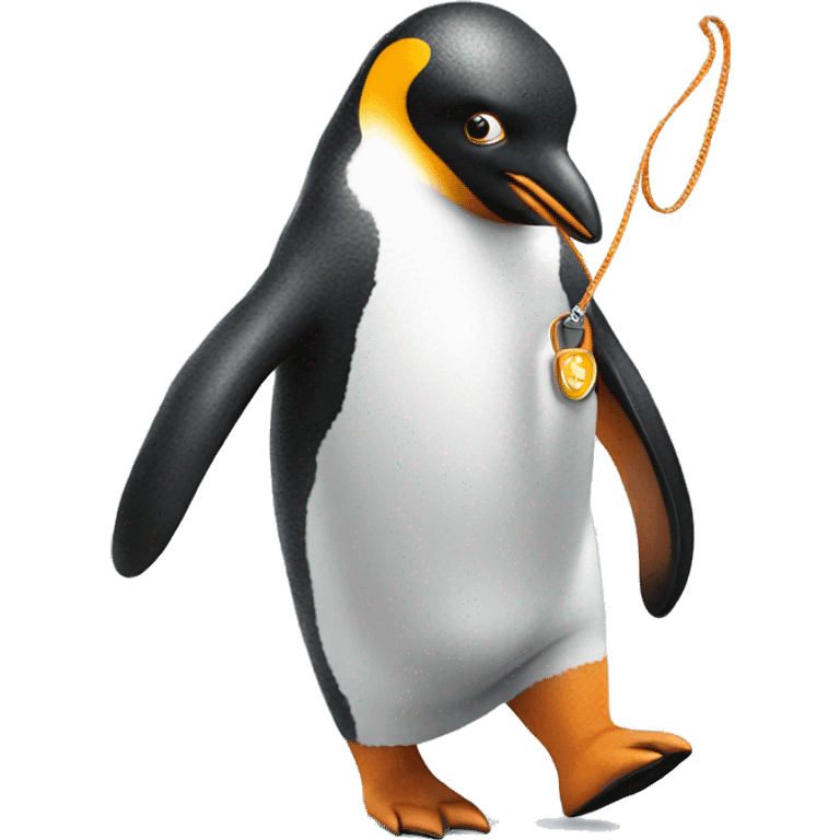 a penguin walking it's pet dog with a leash emoji