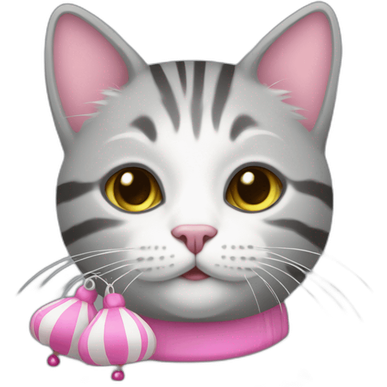 Striped gray and white cat with pink bells emoji