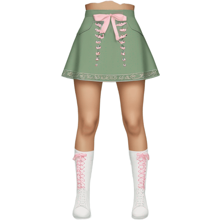 Sage green a-line mini skirt with pink lace up on the sides and bows and embroidery, isolated emoji