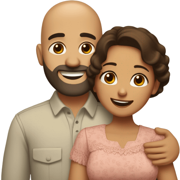 Brown-haired Puerto Rican woman with dark brown eyes wearing a cute blouse giving a comforting hug to a short, bald man with brown eyes, laugh lines, and a beard emoji