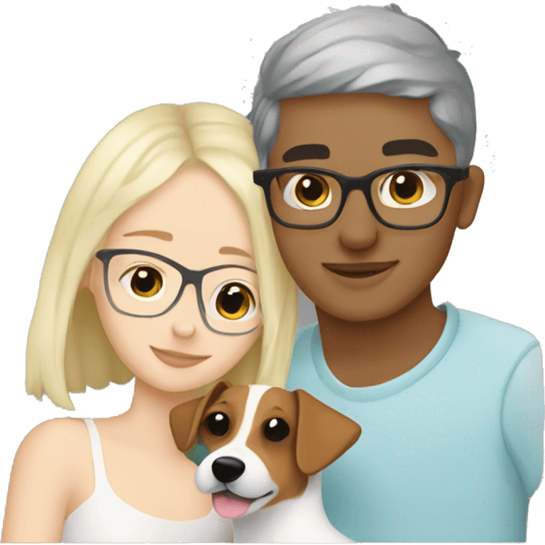 White blonde girl cuddling a jack Russell with her Moroccan boyfriend who have glasses emoji