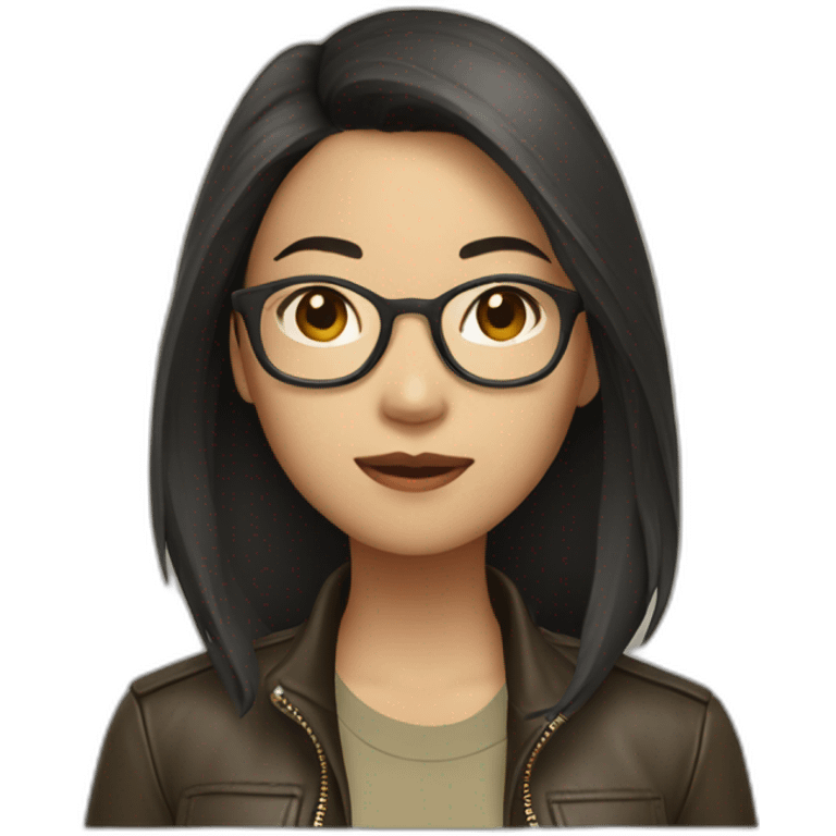 asian girl with glasses and a leather jacket with a  khaki shirt and long dark hair emoji