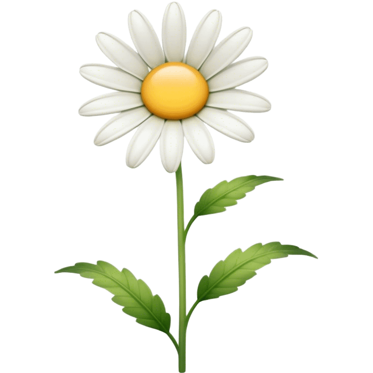 Cinematic Realistic Daisy Emoji, Cheerful and pure, with bright white petals surrounding a sunny yellow center, standing proudly atop a slender green stem. The soft, vibrant petals seem to radiate positivity, while a few green leaves frame the delicate flower. Soft glowing outline, capturing the essence of simplicity, innocence, and happiness in a single daisy. emoji