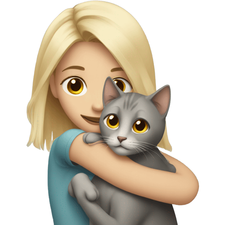 blonde girl hugs grey cat with brown eyes  emoji