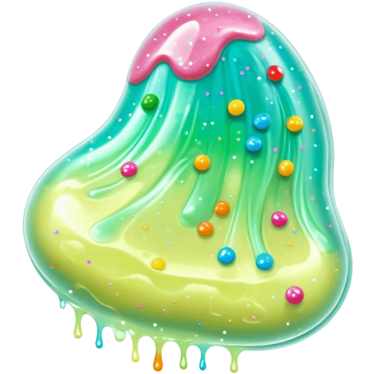 Cinematic Realistic Clear Slime Mixed with Sprinkles, ultra-transparent with suspended colorful candy-like specks, light refracting through each tiny piece, soft gelatinous texture catching highlights, stretching and bending in a mesmerizing way, glowing with a magical, almost surreal quality. emoji