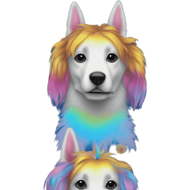 Multicolored rainbow retro groovy tie dye hippie trippy floral patterns on a metallic holographic iridescent blue dog face head unicorn emoji