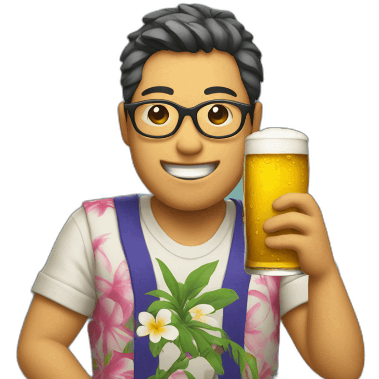 Japanese wearing glasses alohashirt is holding beer emoji