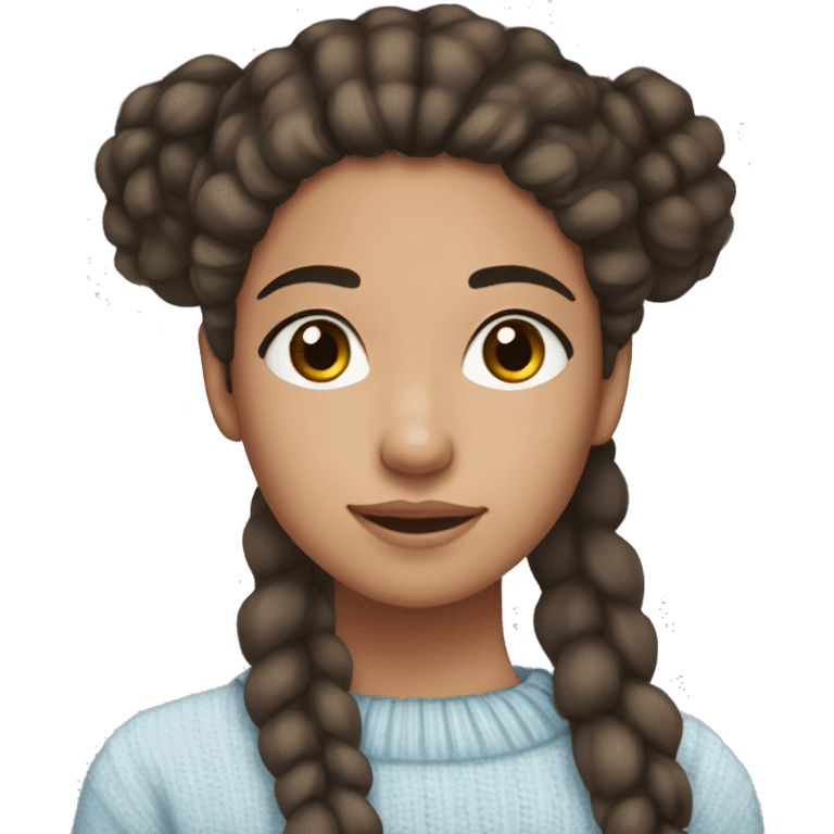 teenage girl, hispanic, freckles, afro brown hair, pony tail, brown eyes, light blue sweater, winter sweater, freckles emoji