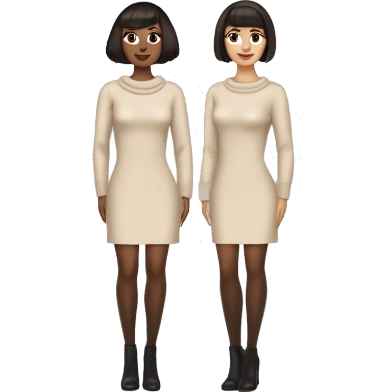 Romanian woman with a short dark brown bob haircut featuring bangs that slightly cover her eyes. Natural makeup,slightly flushed cheeks,light beige straight-fit long sleeve very chunky twist knit dress,black heels,dark brown thigh-high stockings emoji