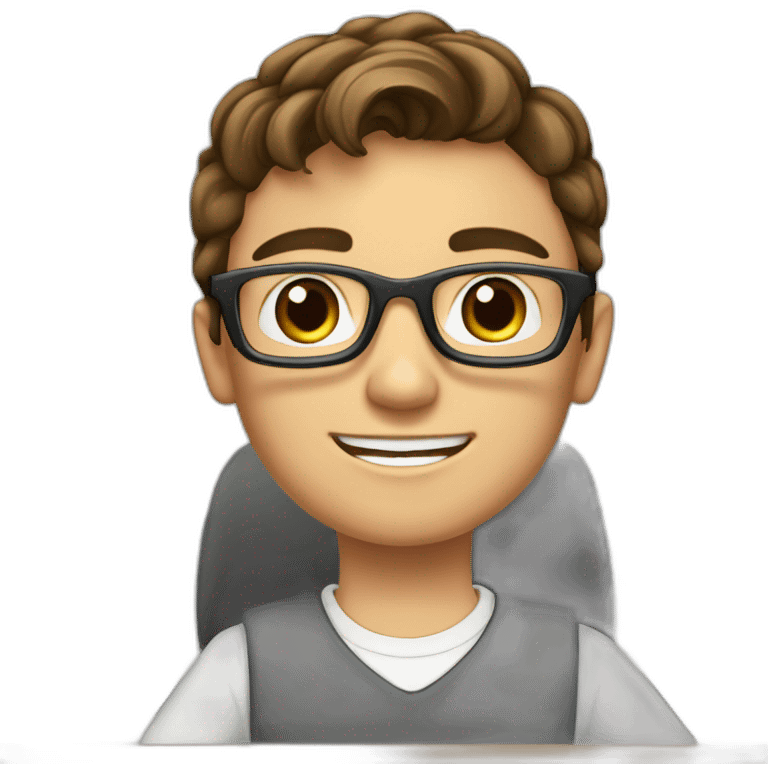 a 12-year-old boy with brown hair and gray eyes wearing glasses and a white shirt is sitting at a desk at school emoji