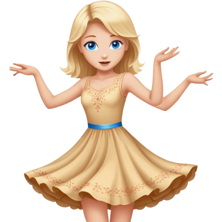 Beautiful blonde girl with blue eyes dancing in a dress emoji