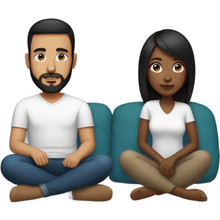 Black woman with black straight hair sitting on soft surface with pillows   with white male with brown hair and beard  emoji