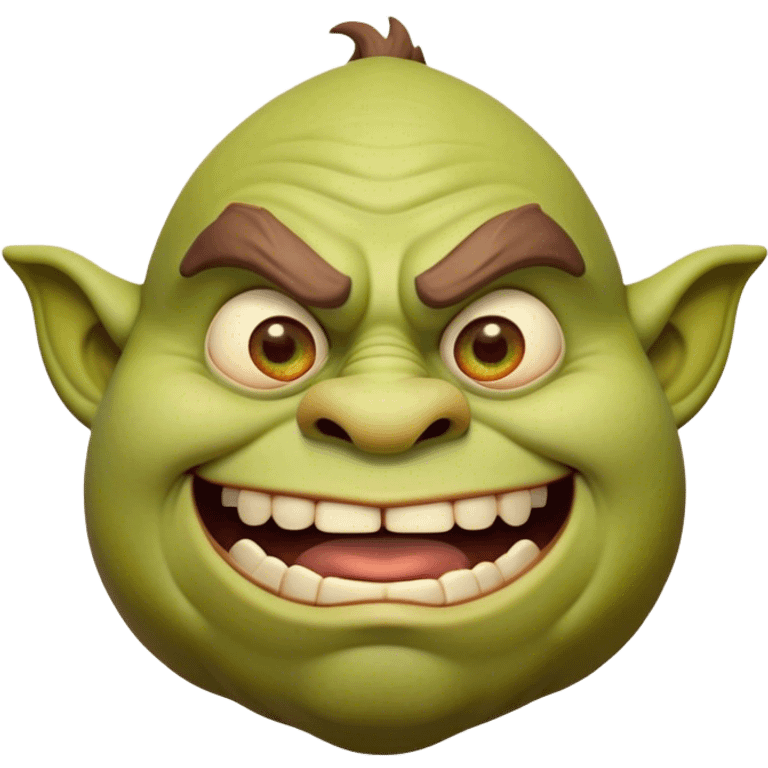 Cinematic Comical Ogre Portrait Emoji, with a strikingly exaggerated, bulky figure in vivid earthy greens and browns, head tilted in a dramatically surprised expression with wide, comically bulging eyes and a goofy, oversized grin, simplified yet hilariously exaggerated, highly detailed with a soft, cartoonish glowing outline capturing the playful absurdity of a meme-worthy ogre! emoji