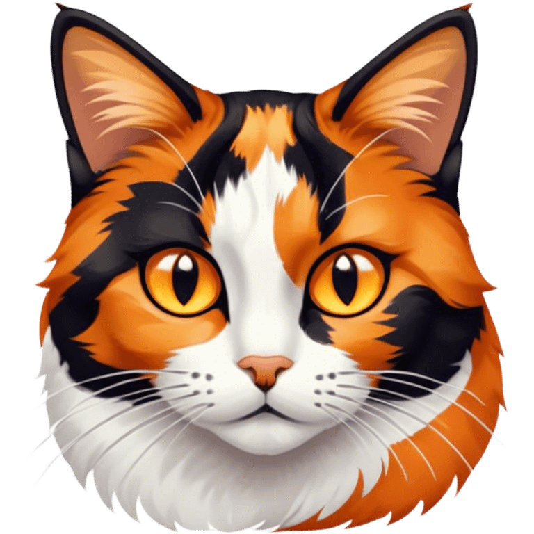 Cinematic Noble Calico Cat Portrait Emoji, Poised and regal, with a striking patchwork fur in vibrant orange, black, and white hues, delicate whiskers and a refined, focused gaze, simplified yet exquisitely detailed, glowing with a soft, moonlit radiance and an air of aristocratic elegance, high shine, exuding dignified intelligence and poised authority, soft glowing outline, capturing the essence of a watchful and noble calico cat that appears ready to grace the screen with effortless majesty! emoji