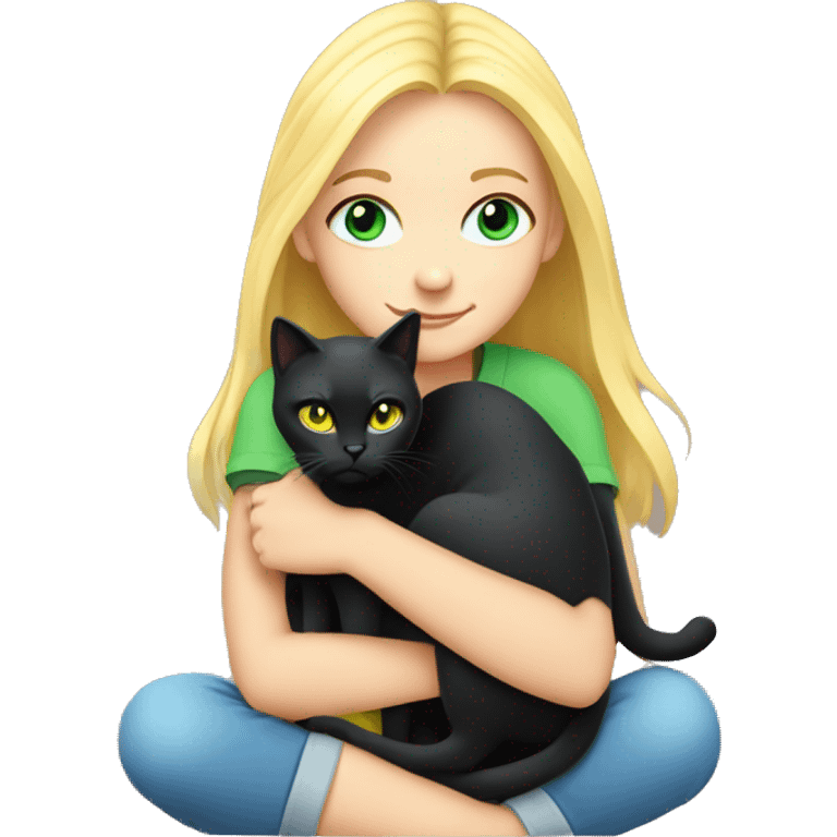 blonde with blue eyes girl hugs a black cat with green-yellow eyes blonde girl hugs a gray cat with green-yellow eyes emoji