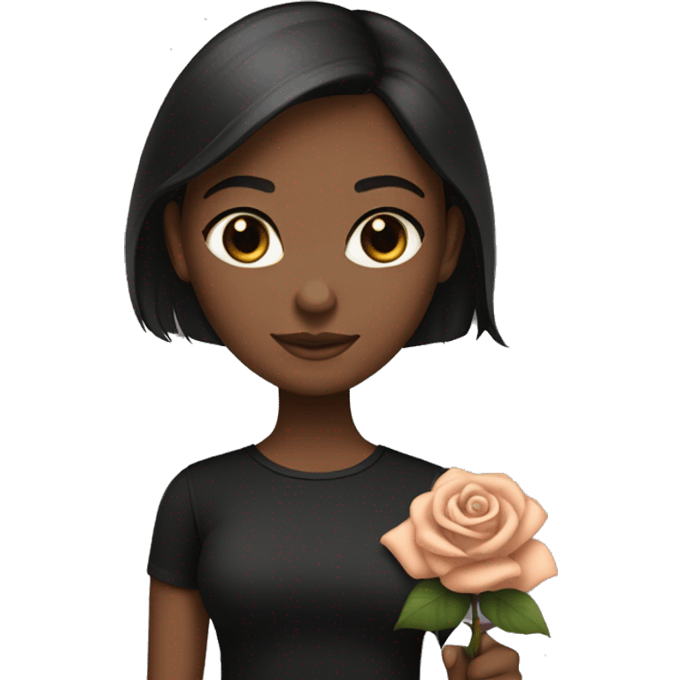 A girl with brown skin, dark brown hair and grey eyes in a black shirt holds a rose gold MacBook emoji