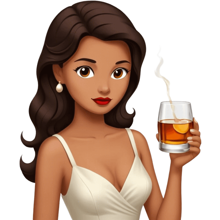 Beautiful woman in 1950’s woman fashion look, white dress, long dark brown hair, whisky emoji