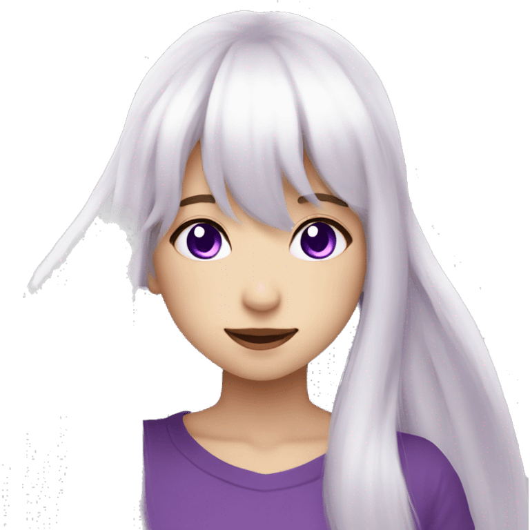 white long hair with bangs, purple eyes, anime girl, make an emote smile post emoji