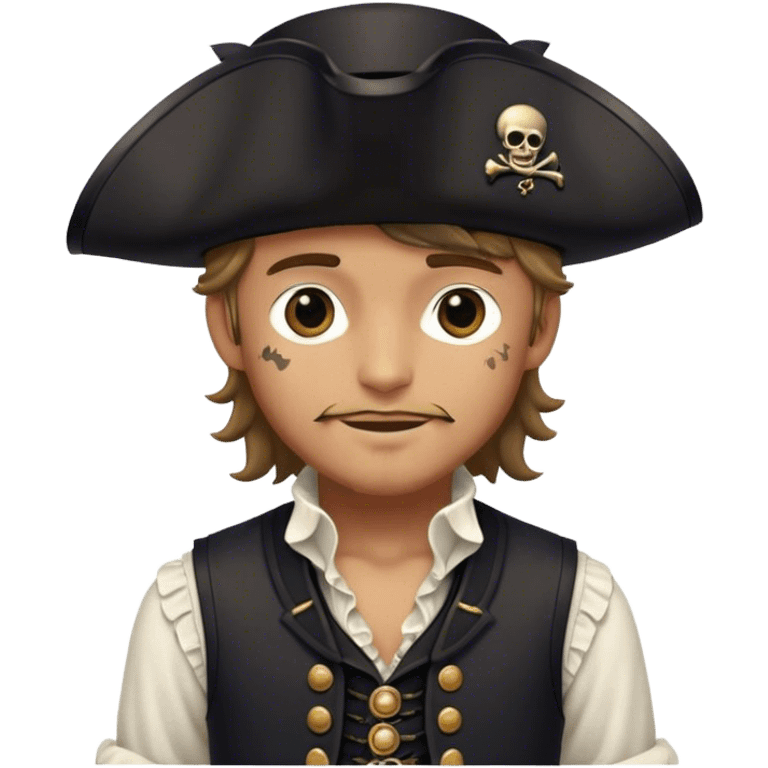 A kindhearted pirate in a black ruffled shirt, black waistcoat, and an ornate black hat, his friendly gaze welcoming emoji