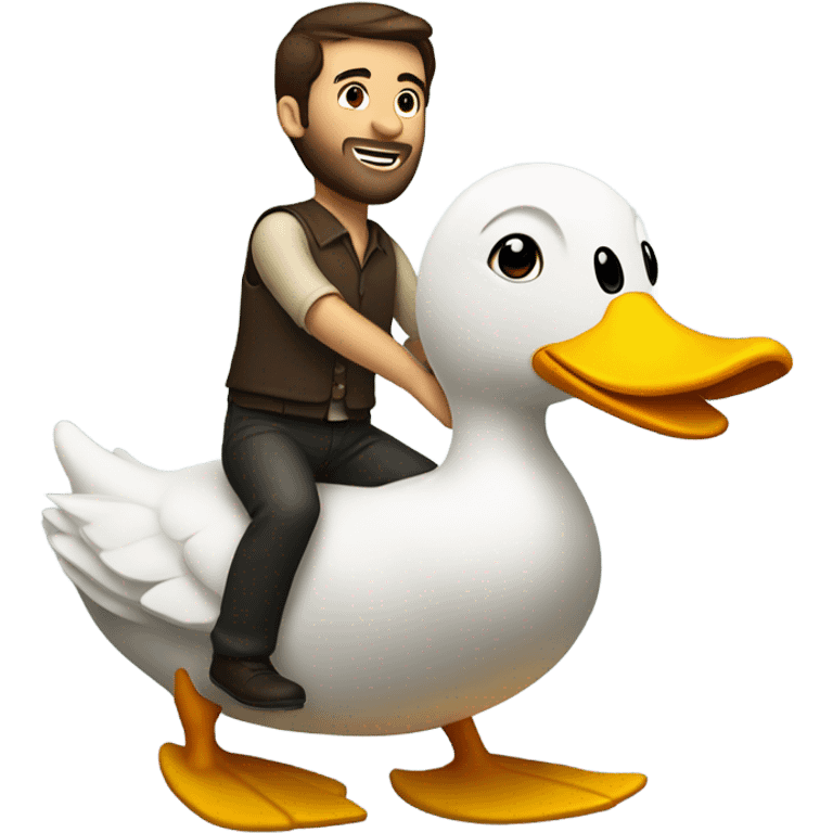 White Man with dark brown hair and a short beard riding on the back of a giant duck emoji