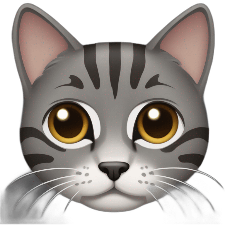 dark gray cat, tabby stripes, brown around black nose, giving an angry face emoji