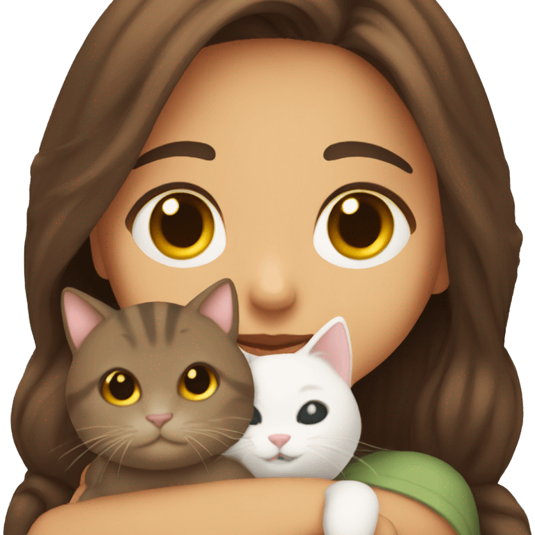 Creat a girl with brown hair and brown eyes smiling holding a cat cuddling it  emoji