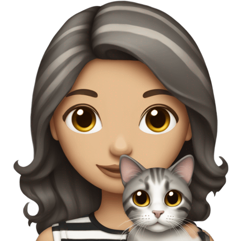 Beautiful dark brown haired tattooed woman holding gray and white striped long hair cat emoji