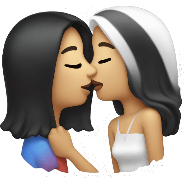 Lesbian women kiss. They have long black hair and white skin color. emoji