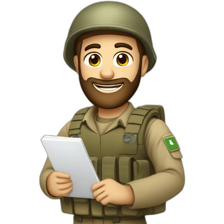 pale brown bearded israeli IDF soldier happy holding notebook and pen emoji