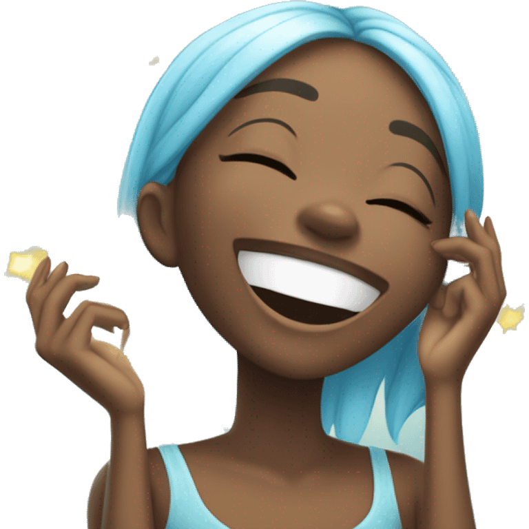 A cute, cheerful black girl laughing, covering her mouth and eyes closed in joy, surrounded by light blue sparkles emoji