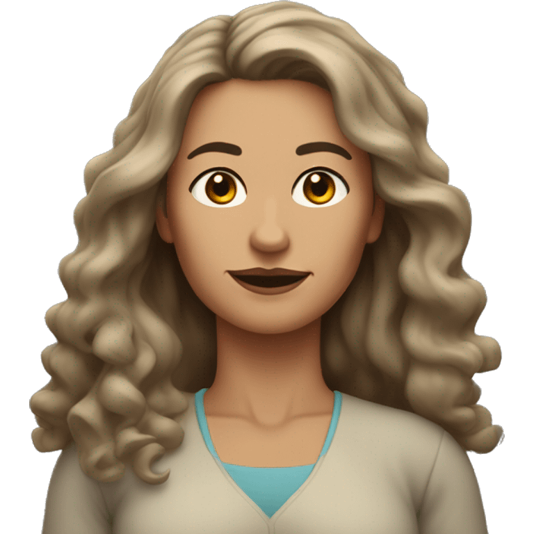 54-year-old woman with long, wavy, brown hair, black eyes, strong build with small black eyes emoji