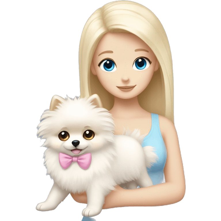 Blond girl white skin blue eyes hugging white Pomeranian with light pink bow emoji