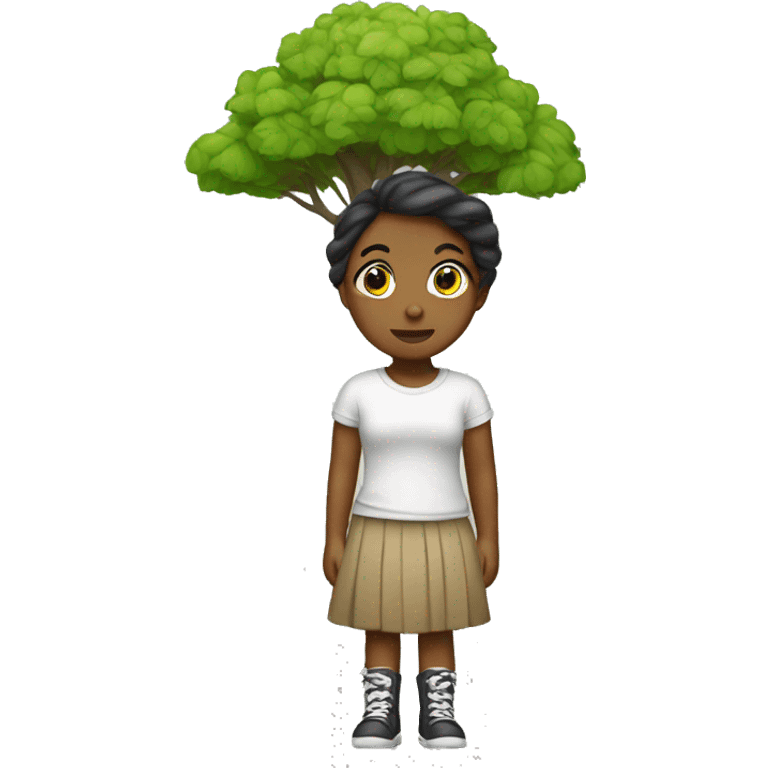 girl in skirt by tree with is mouth closed emoji