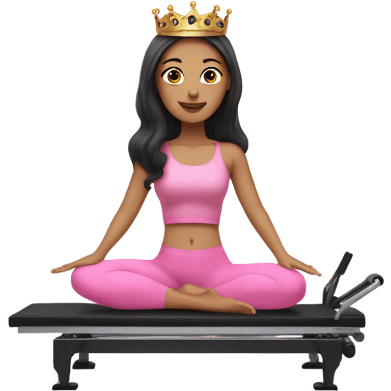 Pilates princess, white girl with dark hair doing Pilates reformer wearing a crown on her head and a pink outfit emoji